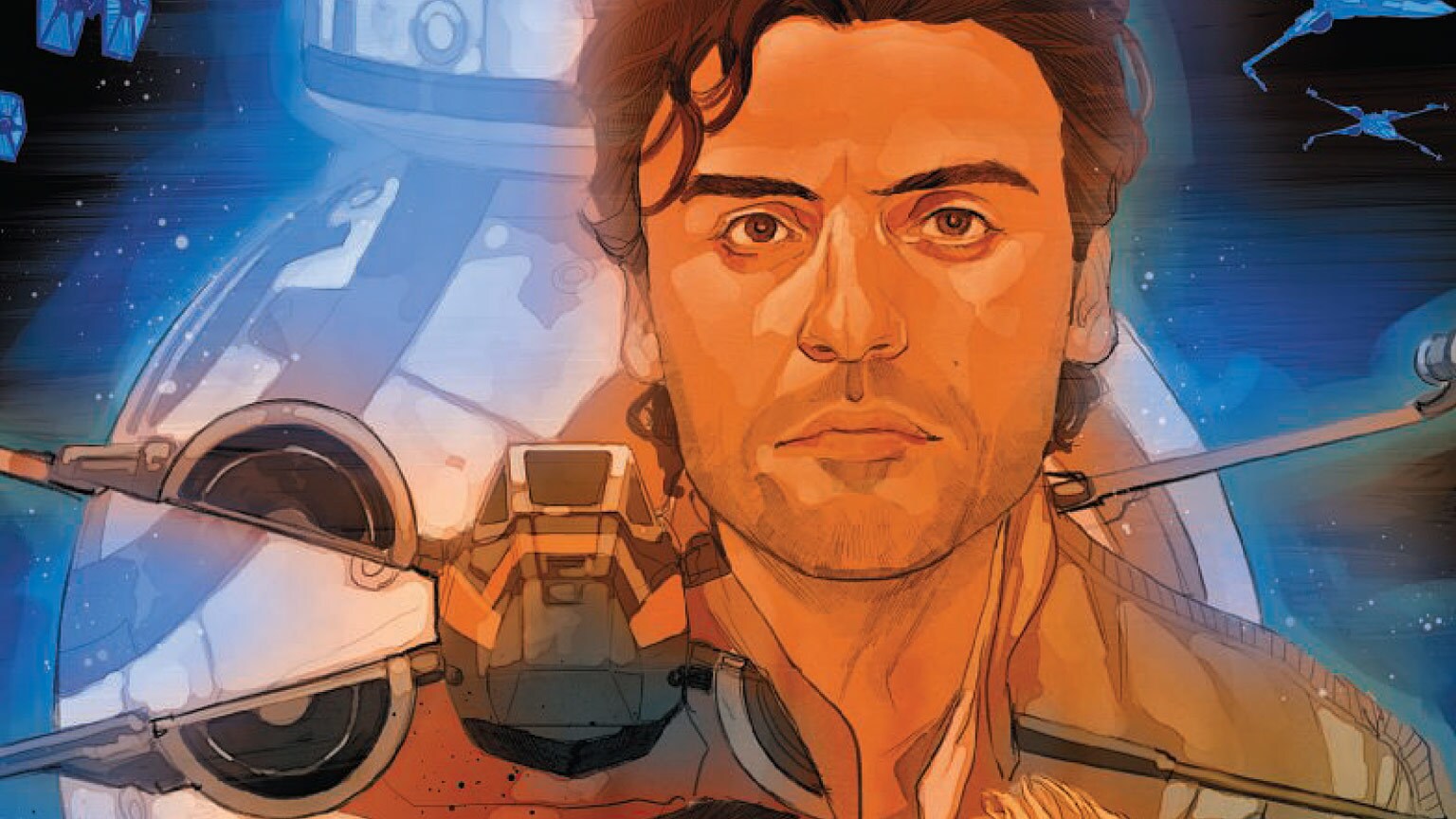 Poe Dameron and his X-wing, as illustrated by Phil Noto for a comic book cover.