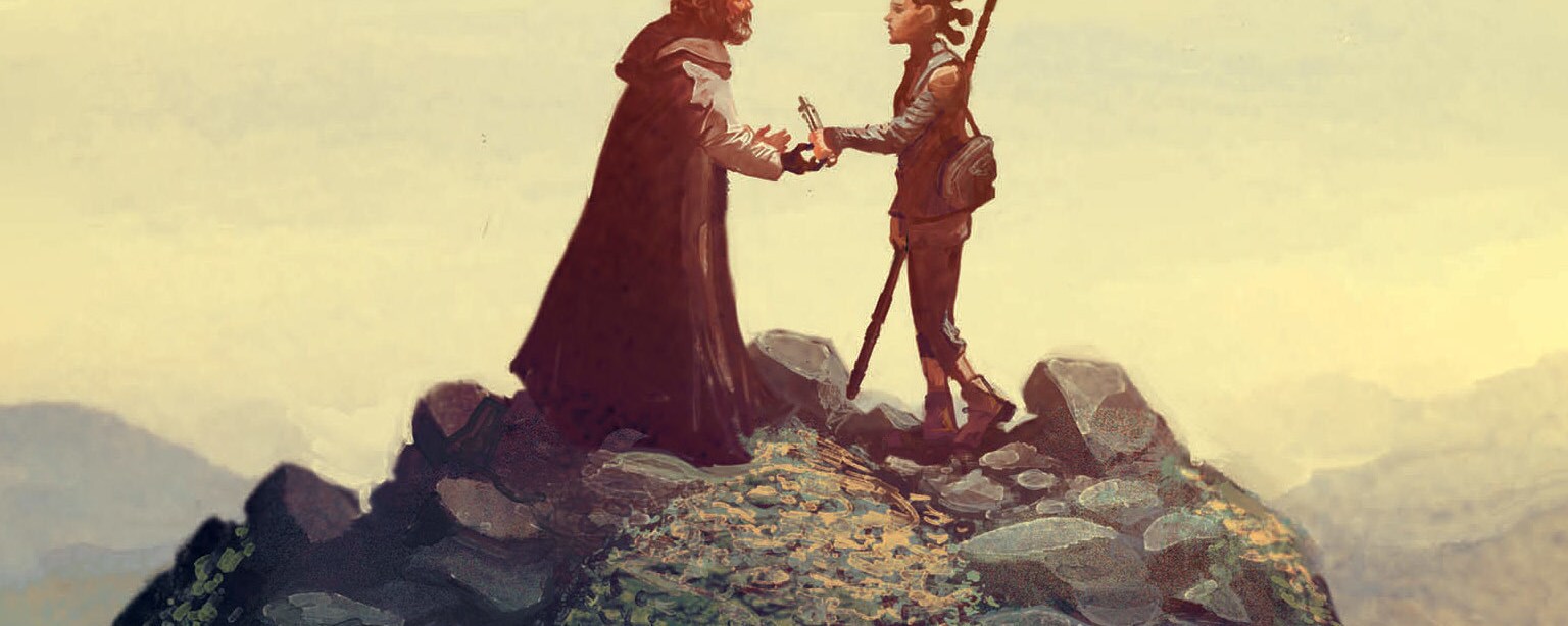 Luke Skywalker and Rey face each other on a rock on Ahch-To in art from the cover of the comic book adaptation of Star Wars: The Last Jedi by Gary Whitta.