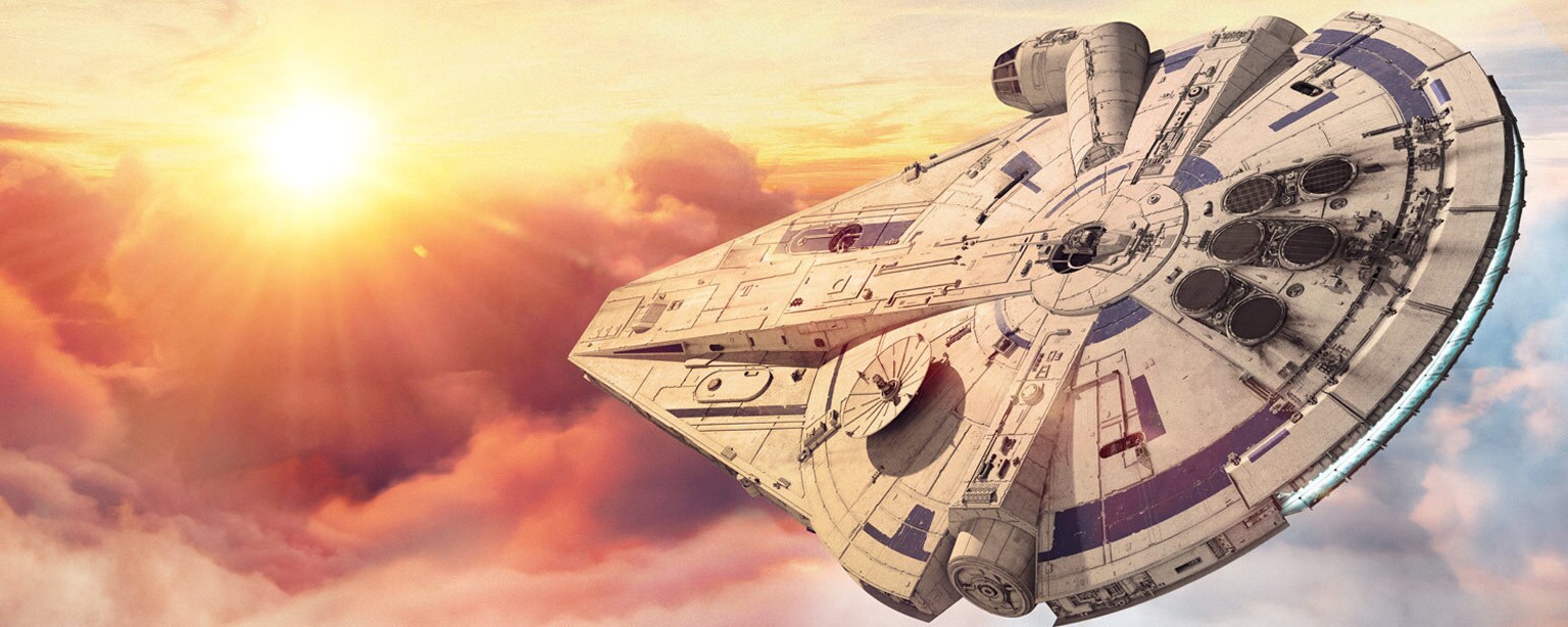Concept art of the Millennium Falcon flying among clouds for Solo: A Star Wars Story.