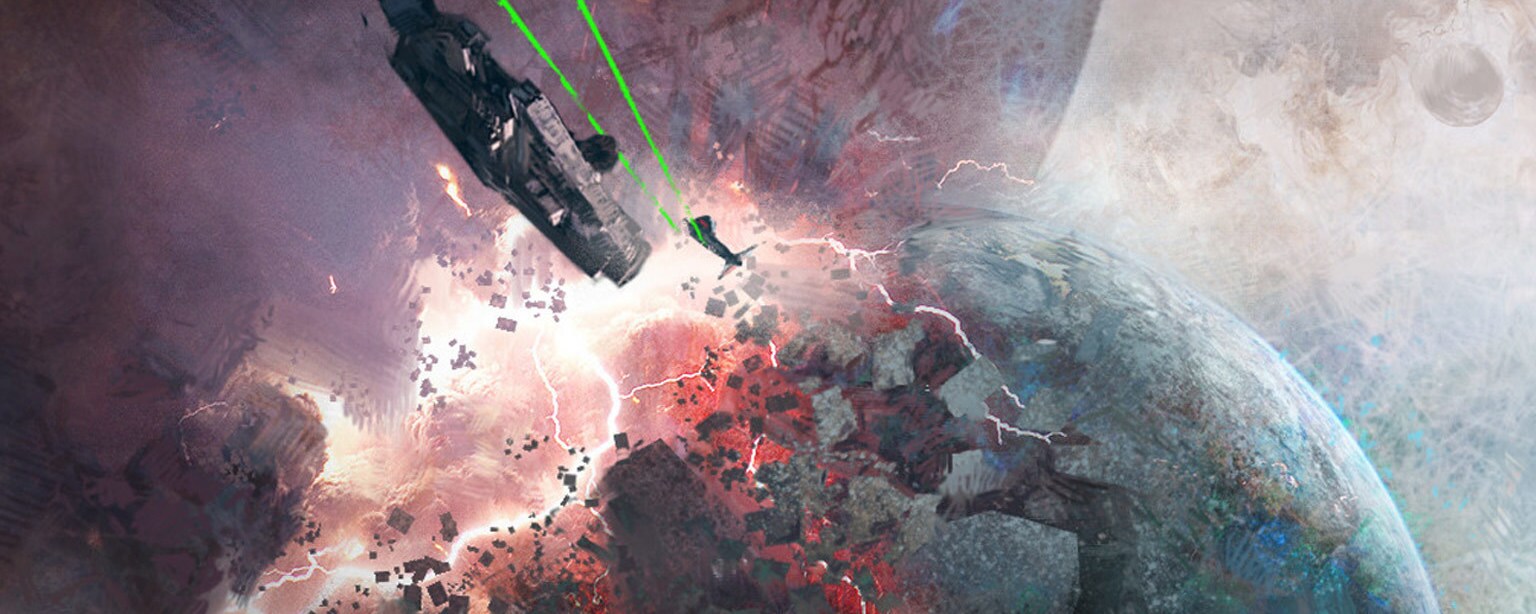 Concept art of the Millennium Falcon flying amid an explosion.