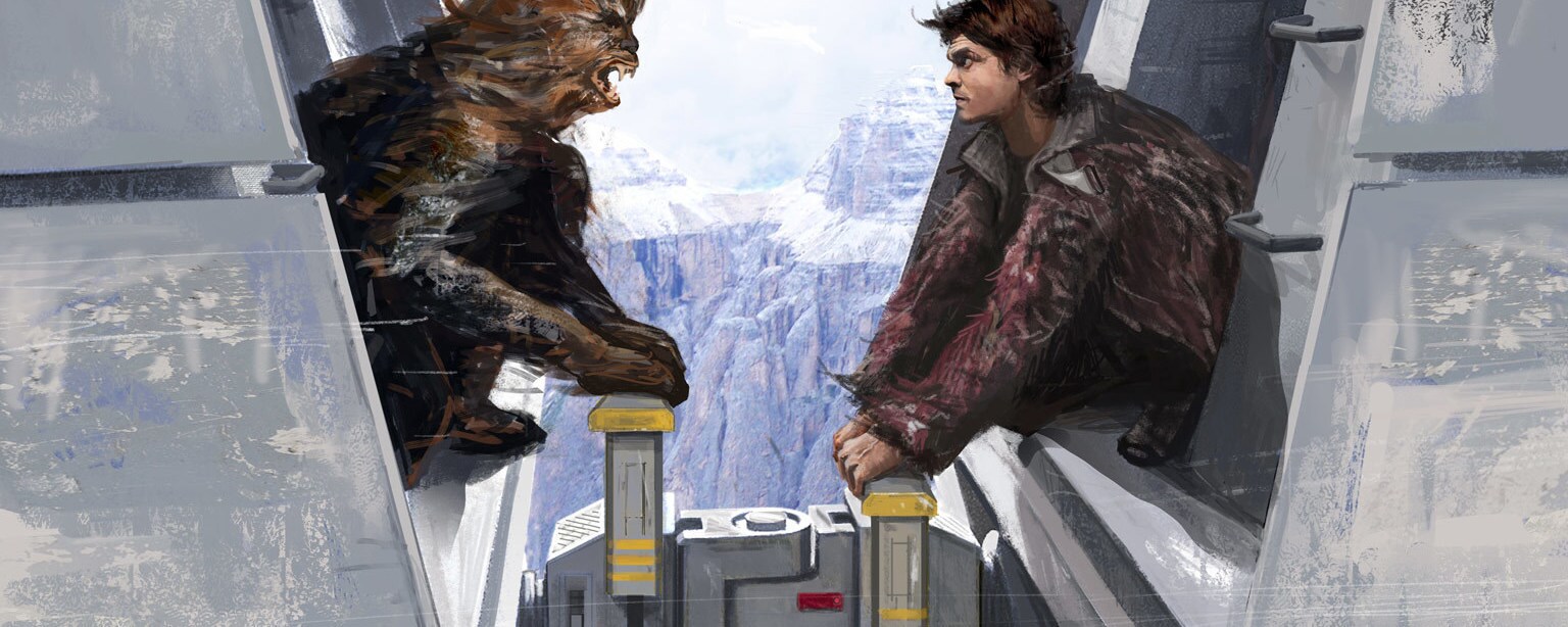 Concept art of Chewbacca and Han Solo during the Conveyex train heist, trying to separate the cars.