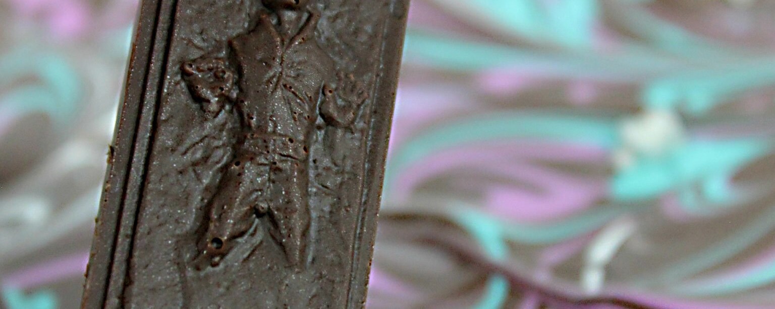 A piece of molded chocolate made to look like Han Solo encased in carbonite.