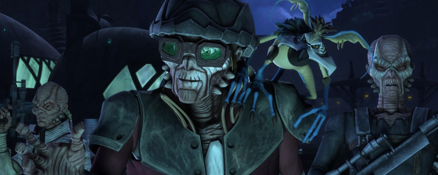 Hondo Ohnaka with his gang of pirates in The Clone Wars.