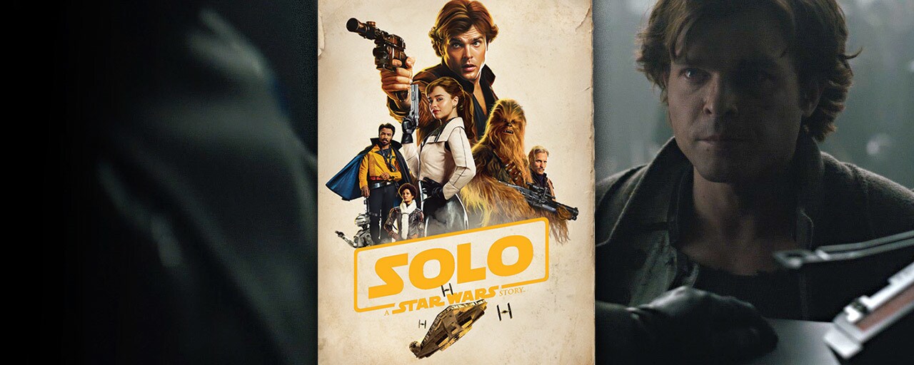 The "Expanded Edition" novel cover for Solo: A Star Wars Story, over a still from the movie featuring Han Solo.