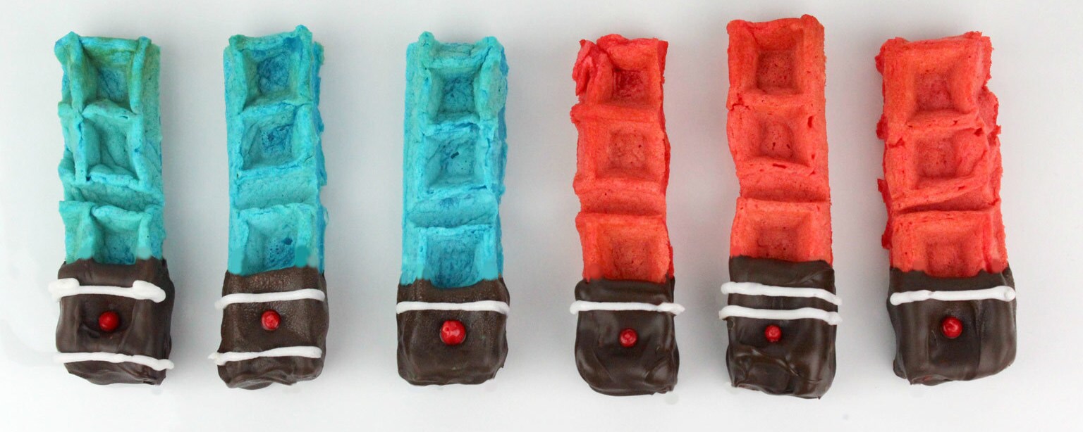 Red and blue lightsaber waffle sticks.