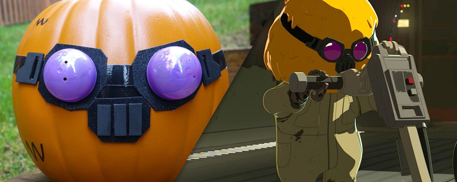 A pumpkin made to look like Opeepit, next to an image of Opeepit in Star Wars Resistance.