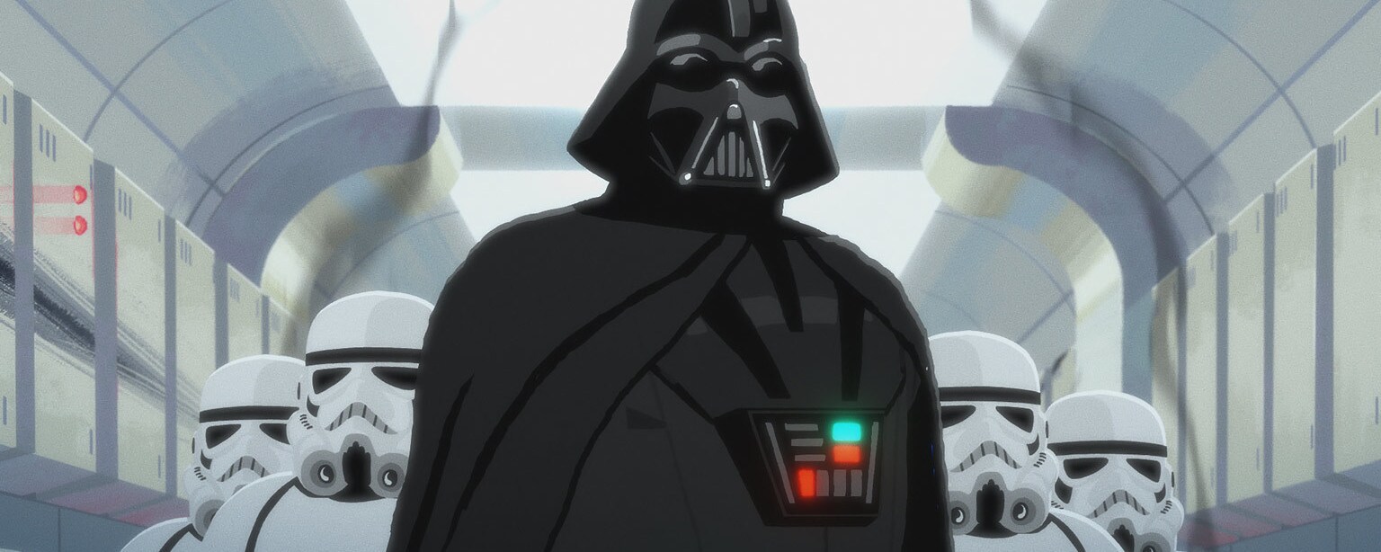 Darth Vader stands with stormtroopers in the Tantive IV in Star Wars Galaxy of Adventures.