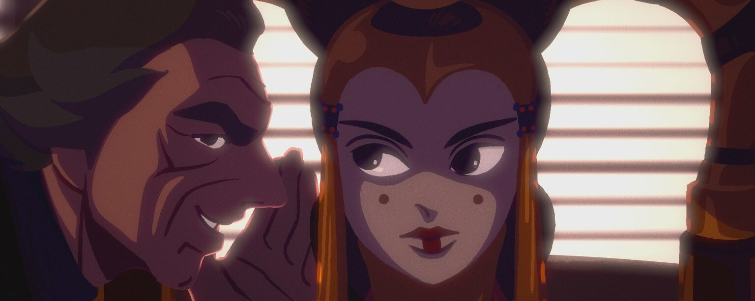 Senator Palpatine whispers into Queen Amidala's ear in Star Wars Galaxy of Adventures.