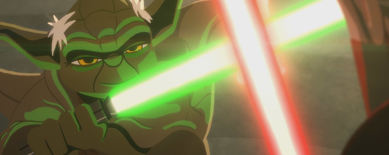 Yoda and Count Dooku battle with lightsabers in Star Wars Galaxy of Adventures.