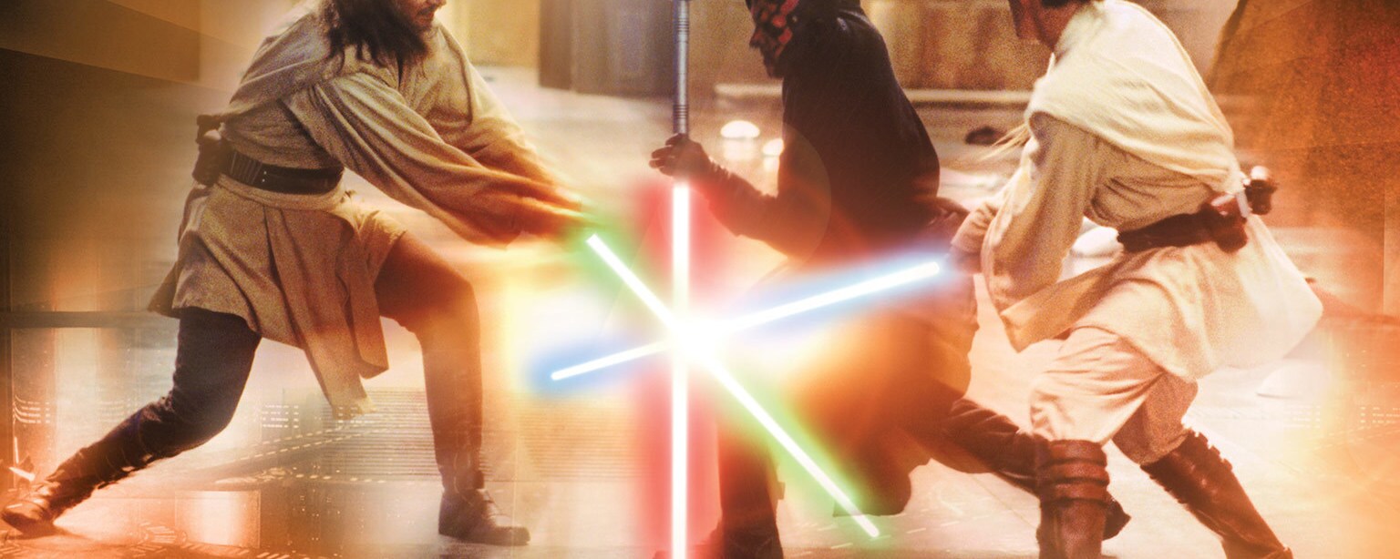 Qui-Gon Jinn and Obi-Wan Kenobi engage Darth Maul in a lightsaber battle.