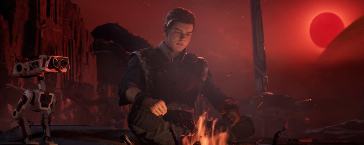 Screenshot of Cal from Star Wars Jedi: Fallen Order at a campfire.