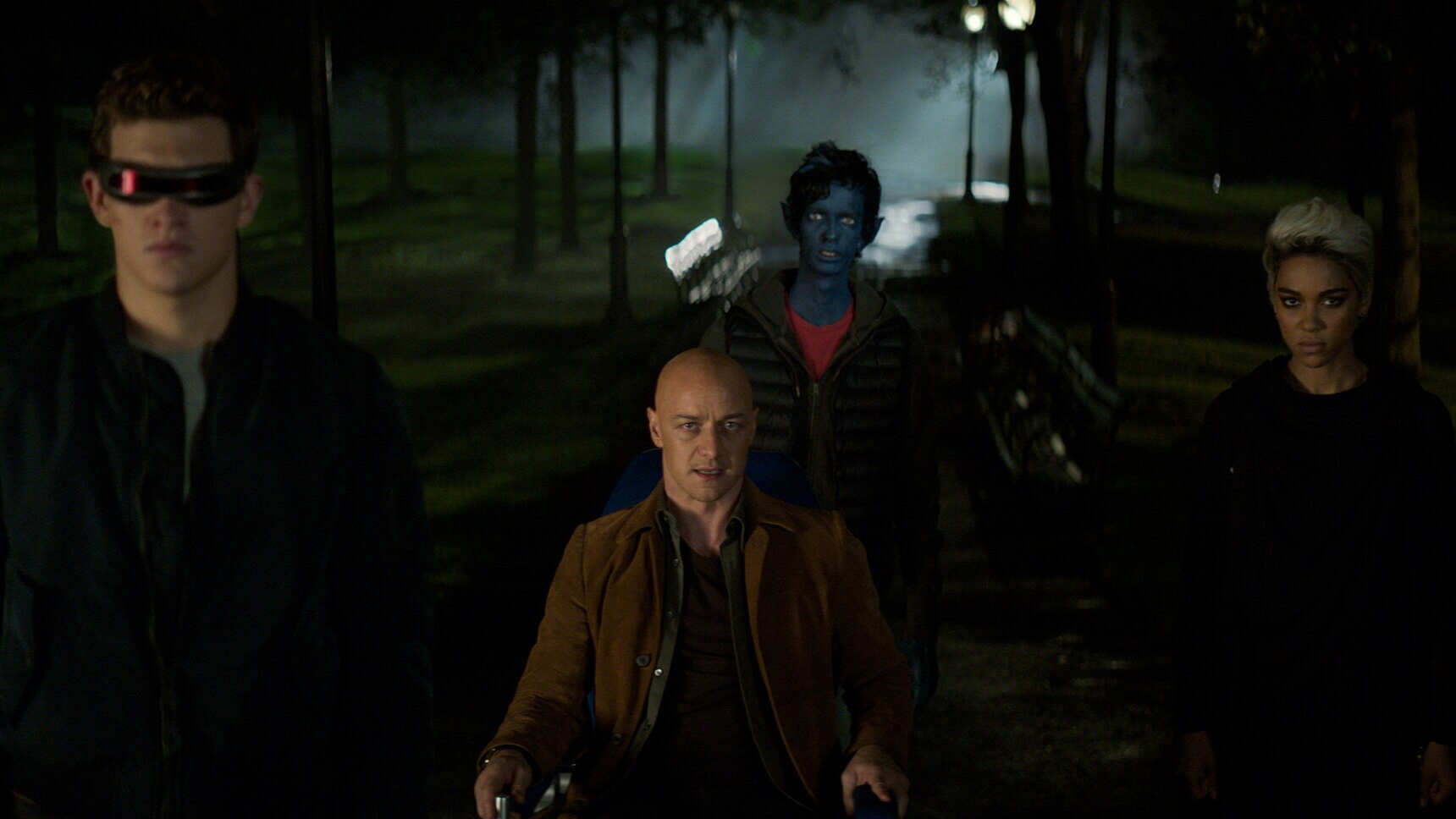 Actors James McAvoy (as Professor Charles Xavier) Ty Sheridan (Cyclops), Kodi Smit-McPhee (as Kurt Wagner/Nightcrawler), and Alexandra Shipp (as Ororo Munroe/Storm) in the movie "X-Men: Dark Phoenix