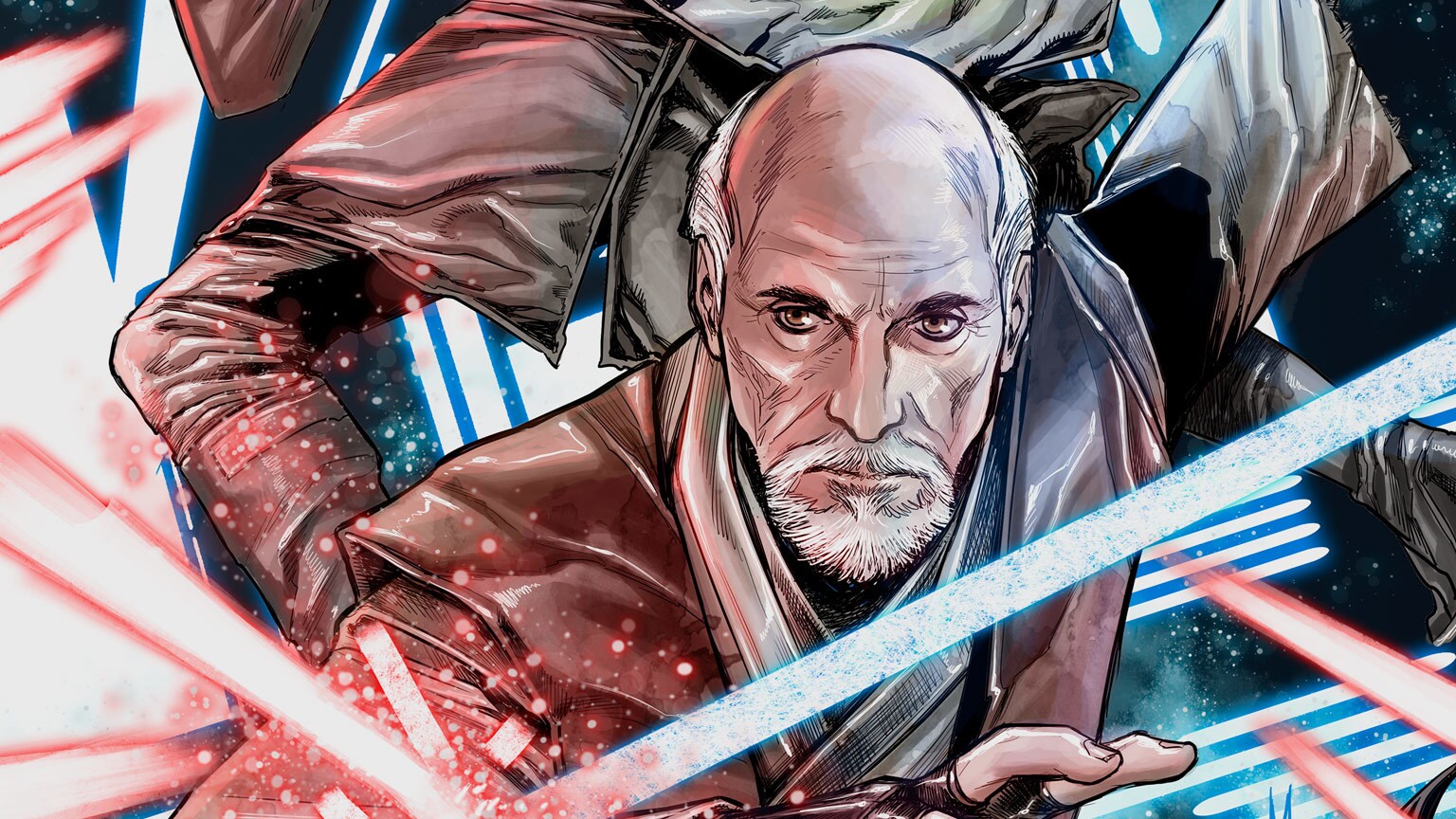 Official Lucasfilm promotional illustration of Eno Cordova with a blue lightsaber from Dark Temple
