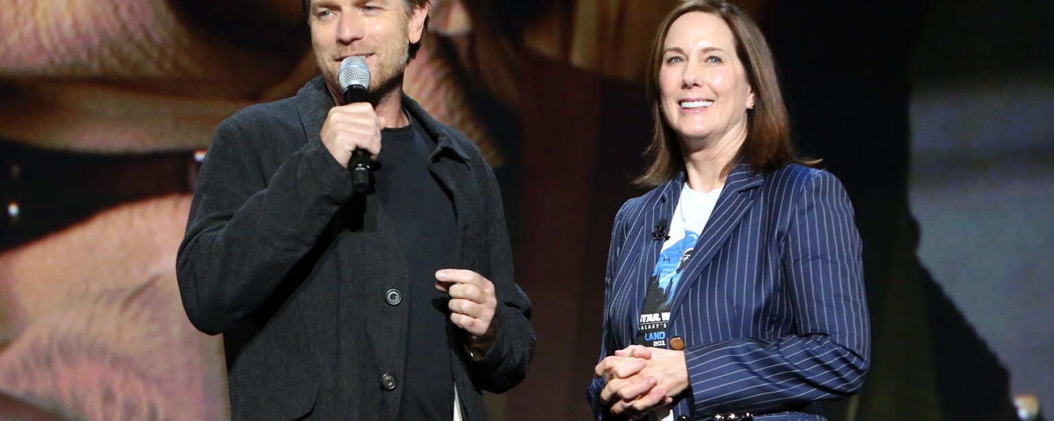 Ewan McGregor and Kathleen Kennedy at D23 Expo 2019.