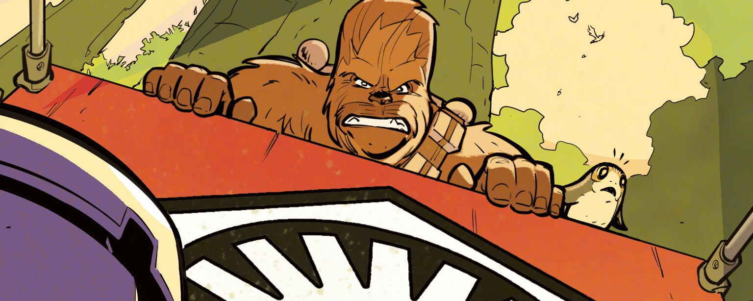 Chewbacca and a Porg in the forest, in Star Wars Adventures #29.