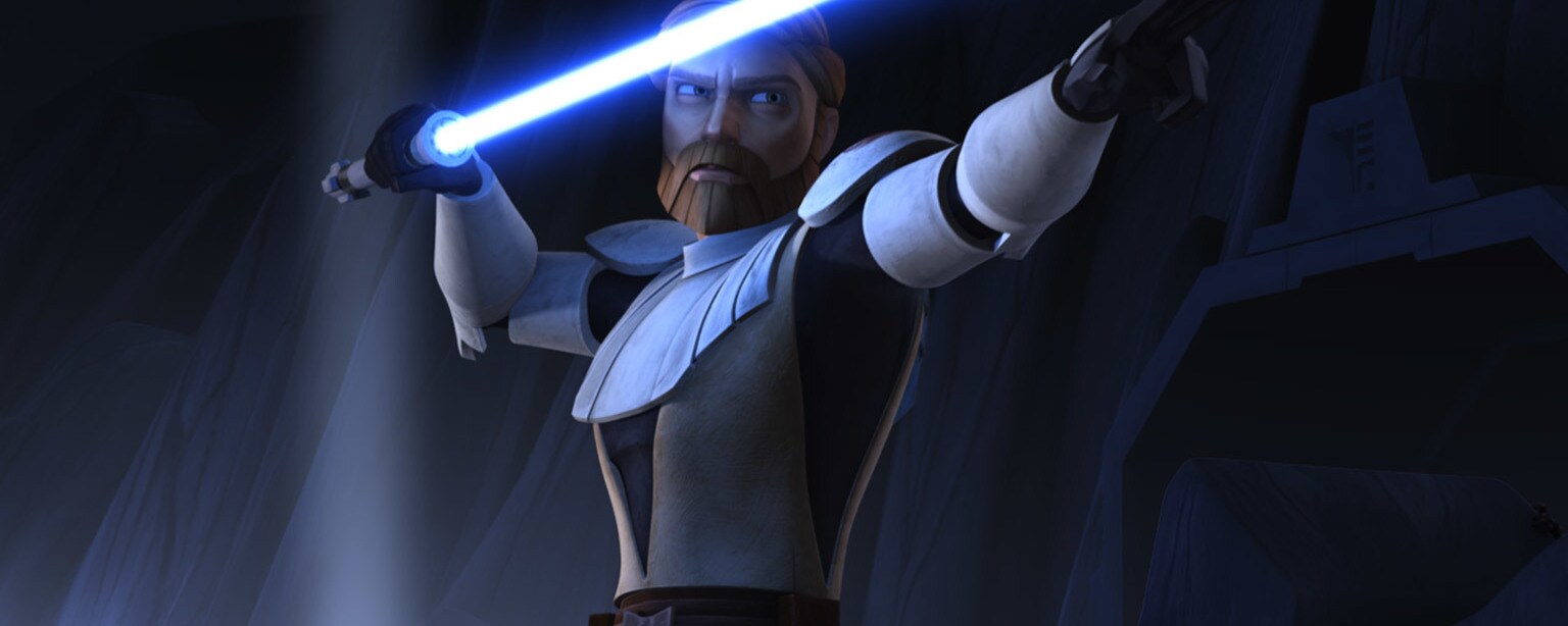 Obi-Wan Kenobi holds a lightsaber and points two fingers.