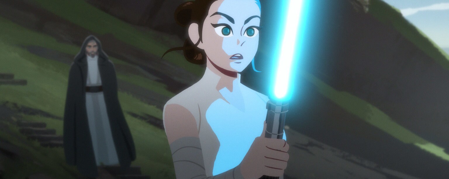 Rey ignites her lightaber in Star Wars Galaxy of Adventures