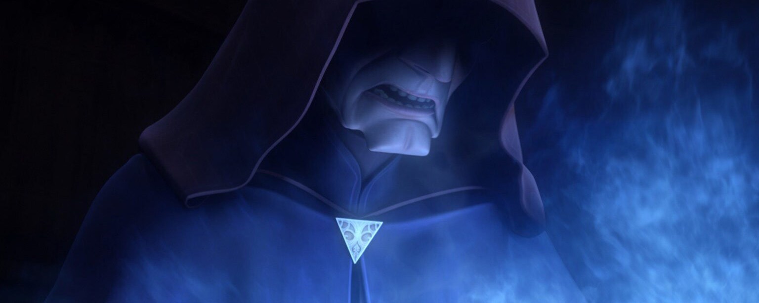 Darth Sidious gazes into a blue mist.