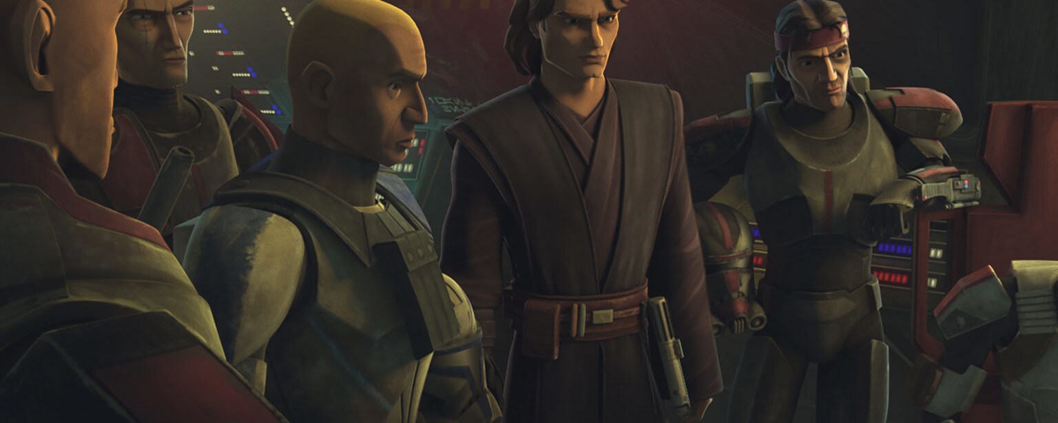 Anakin stands among Captain Rex, Hunter, Crosshair, and other clone troopers in The Clone Wars.