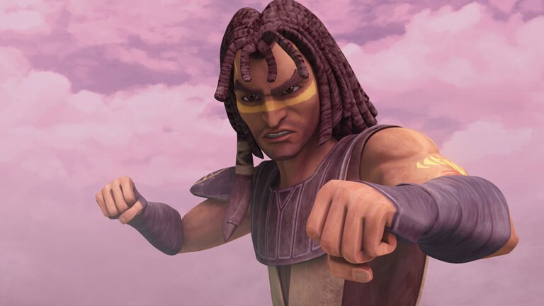 Jedi Master Quinlan Vos raises his fists for a fight.