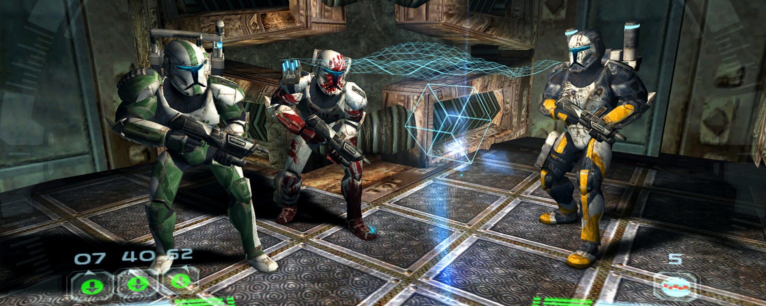 A squad of clone troopers holding their rifles, seen from the player character's point of view in the video game Republic Commando.