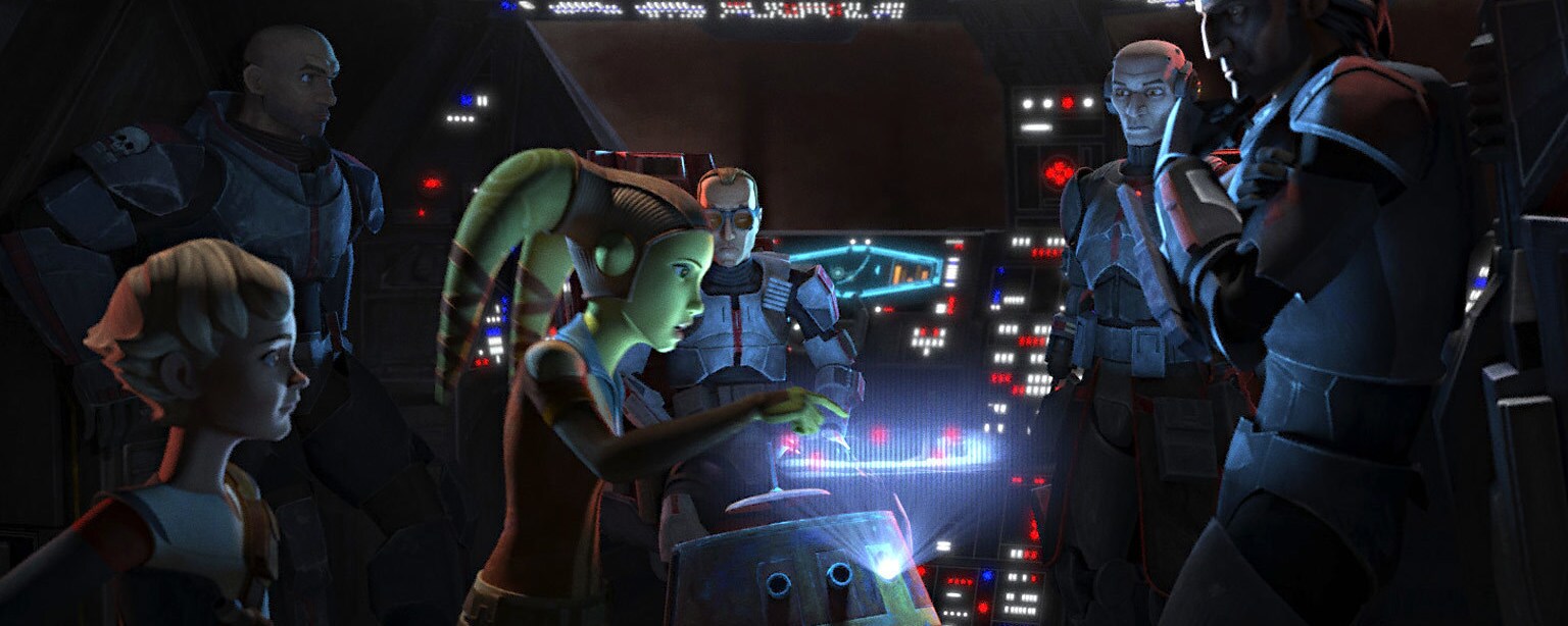 Hera Syndulla with Omega and Clone Force 99 looking at a hologram in The Bad Batch.
