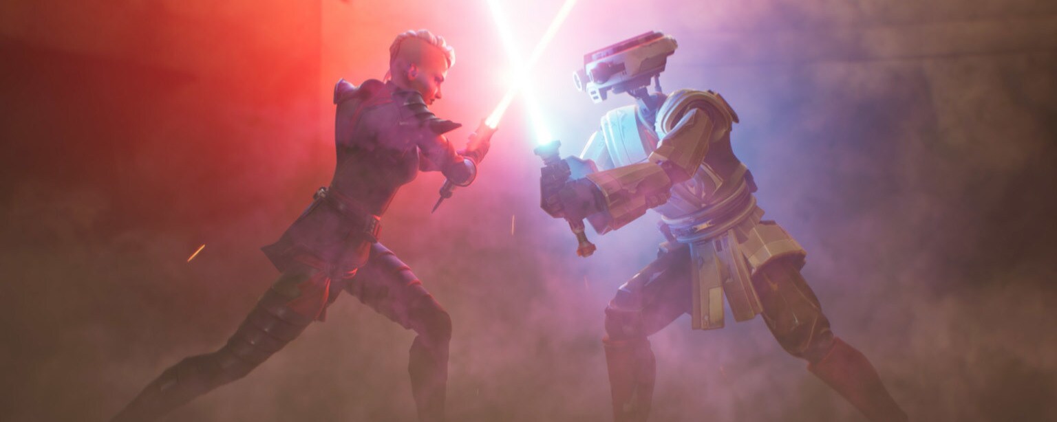 A lightsaber battle in Star Wars: Hunters.