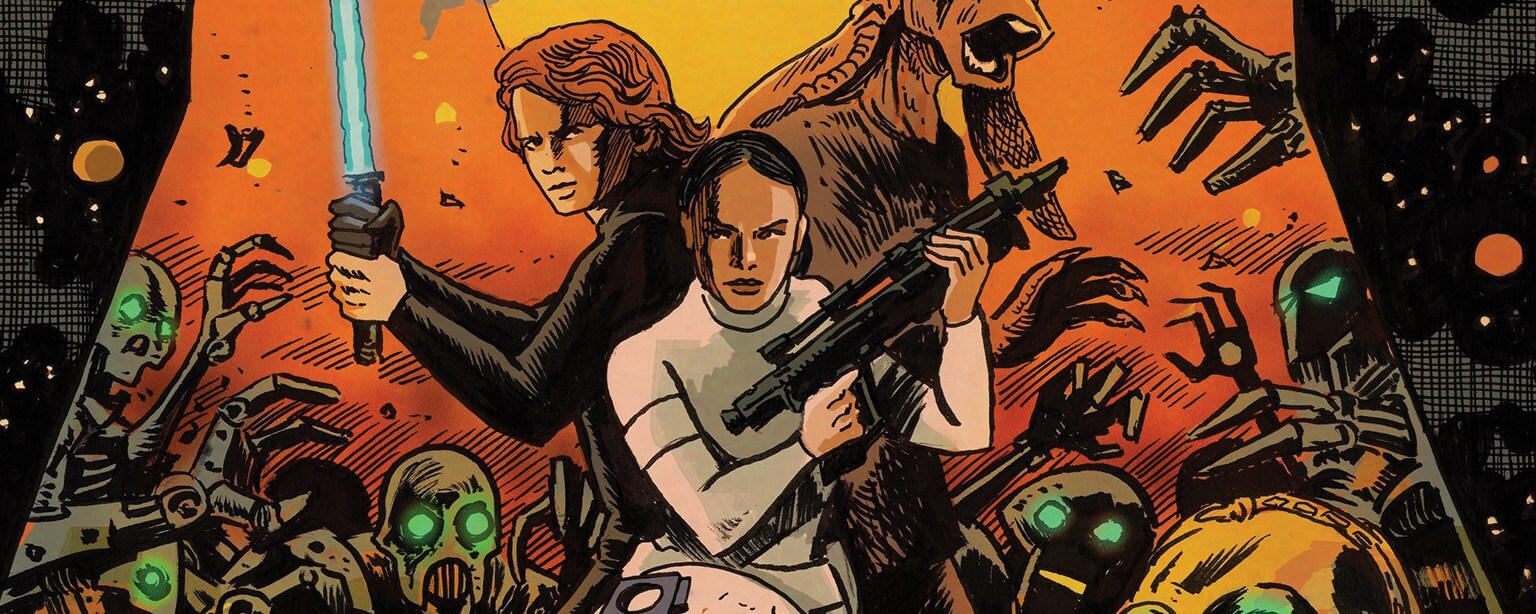 Anakin, Padme, and Jar Jar on the cover of Star Wars Adventures: Ghosts of Vader's Castle #1.