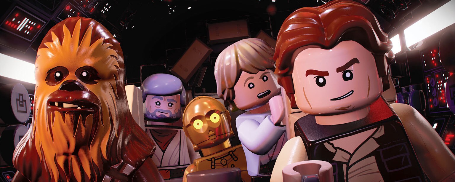 LEGO Star Wars: The Skywalker Saga gameplay of Han in The Falcon with Chewie, Luke, C-3PO, and Obi-Wan
