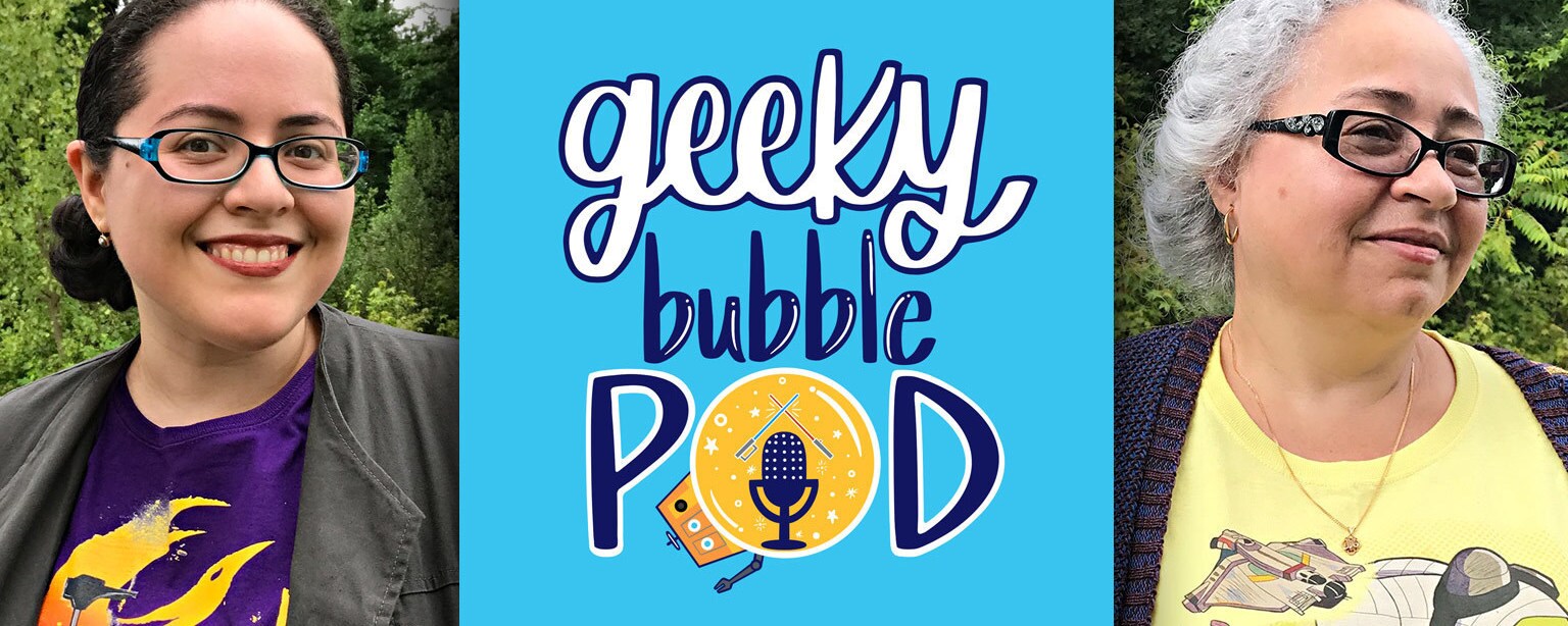 Maria and Johna with the Geeky Bubble Pod logo