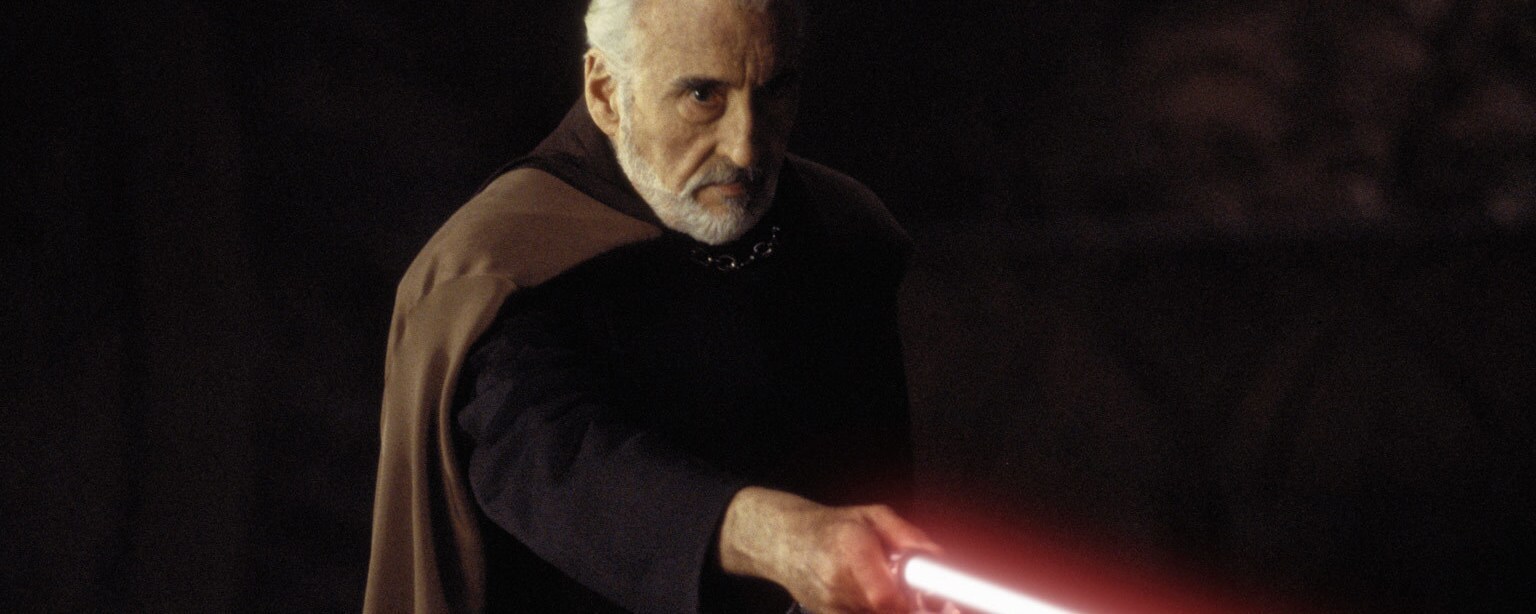 Count Dooku with his lightsaber ignited in Star Wars: Attack of the Clones.