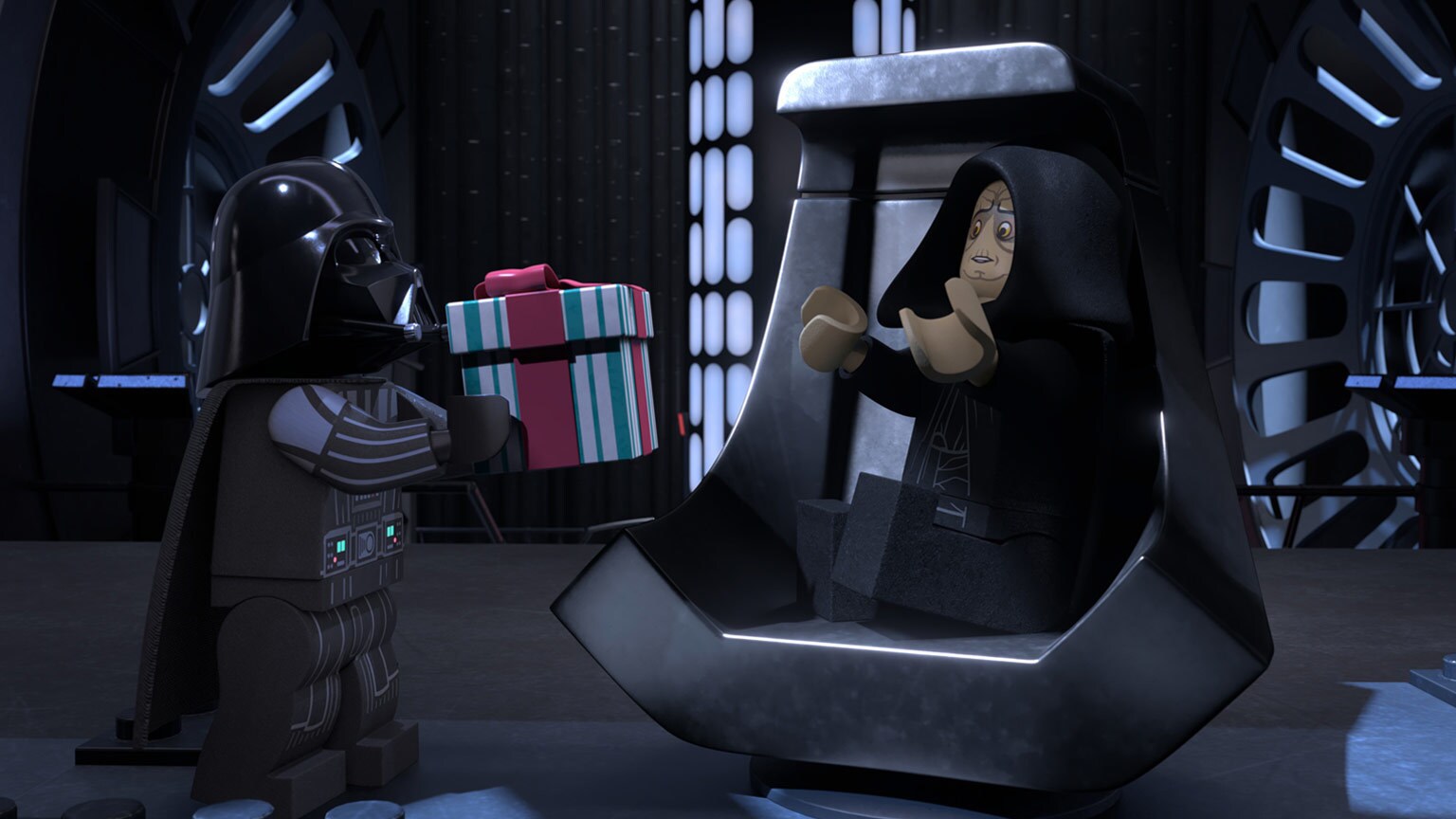 Darth Vader and Palpatine in A scene from the LEGO Star Wars Holiday Special