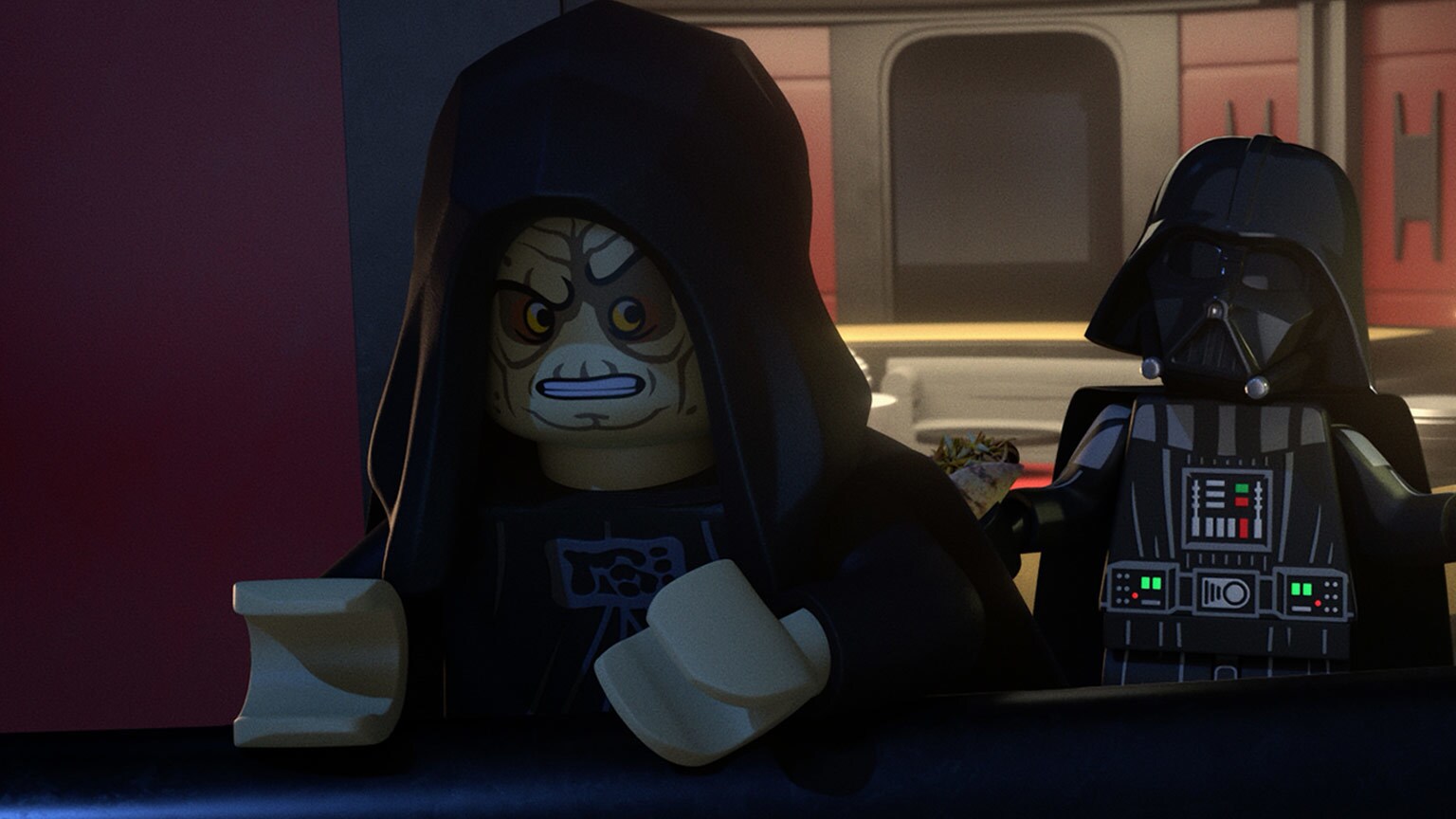 Palpatine talking to Darth Vader in LEGO Star Wars Summer Vacation