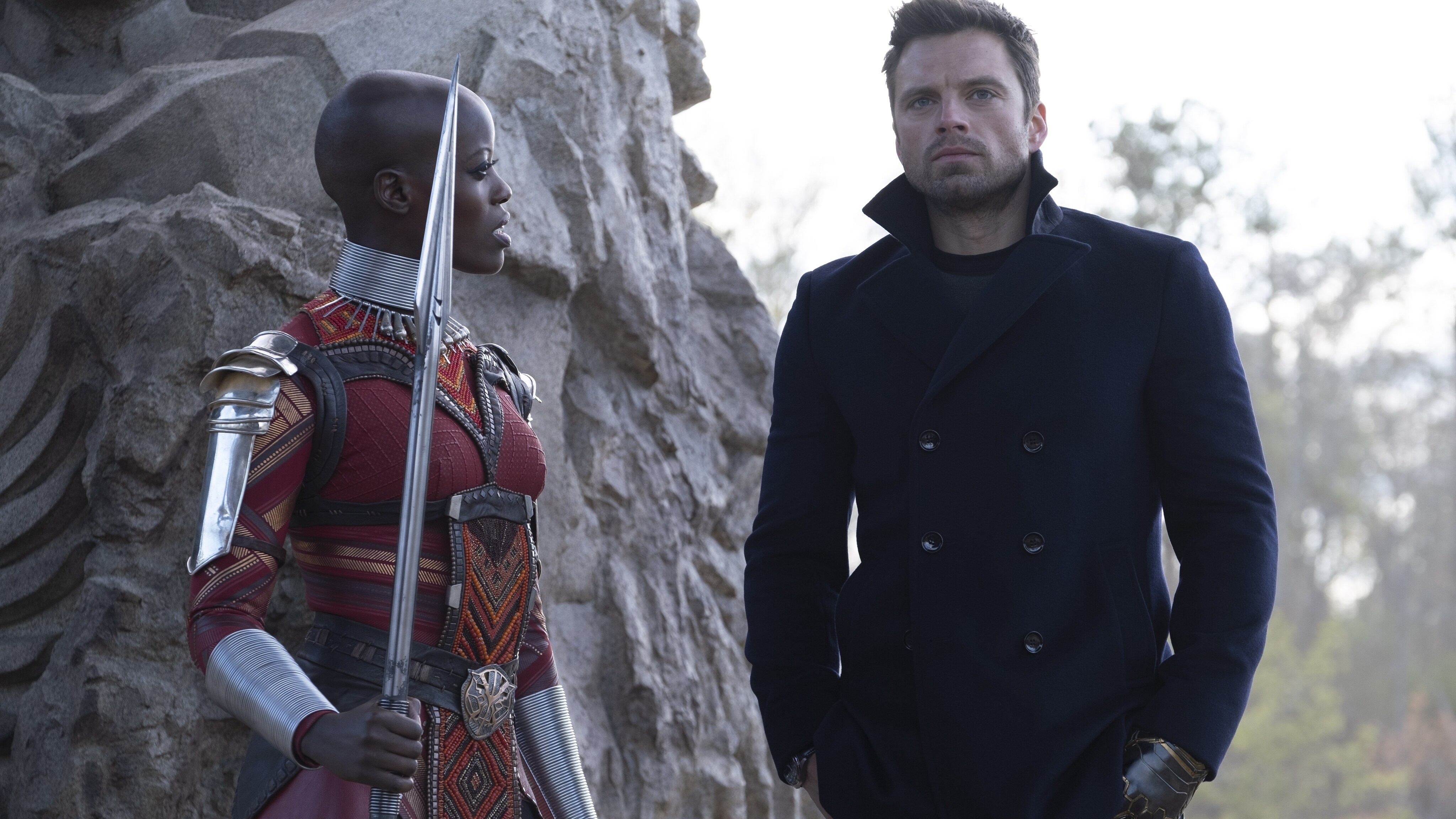 (L-R): Ayo (Florence Kasumba) and Winter Soldier/Bucky Barnes (Sebastian Stan) in Marvel Studios' THE FALCON AND THE WINTER SOLDIER exclusively on Disney+. Photo by Chuck Zlotnick. ©Marvel Studios 2021. All Rights Reserved.