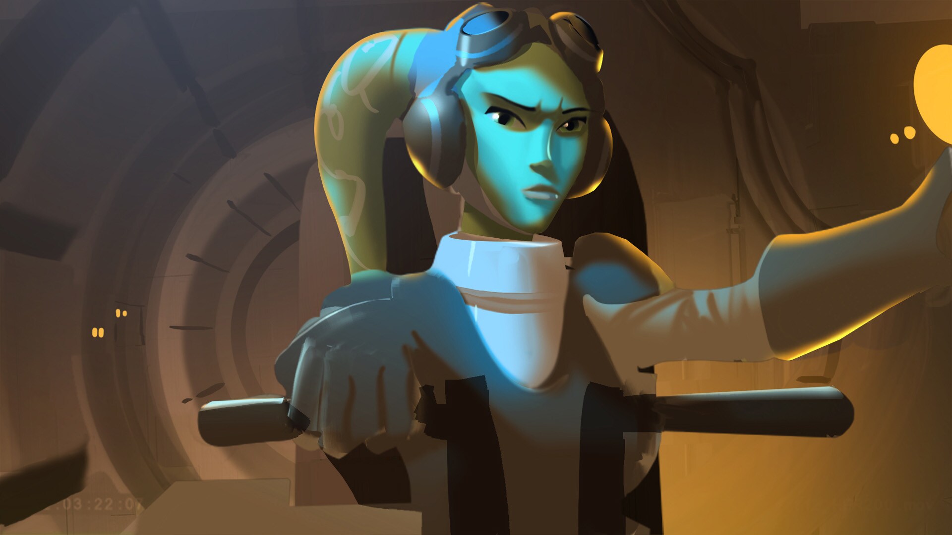 Digital concept painting of Hera in the Ghost cockpit.