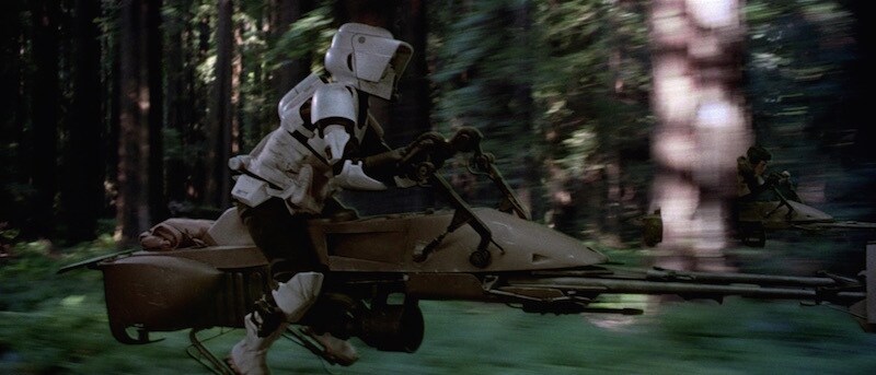 Scout trooper rides 74-Z bike on Endor