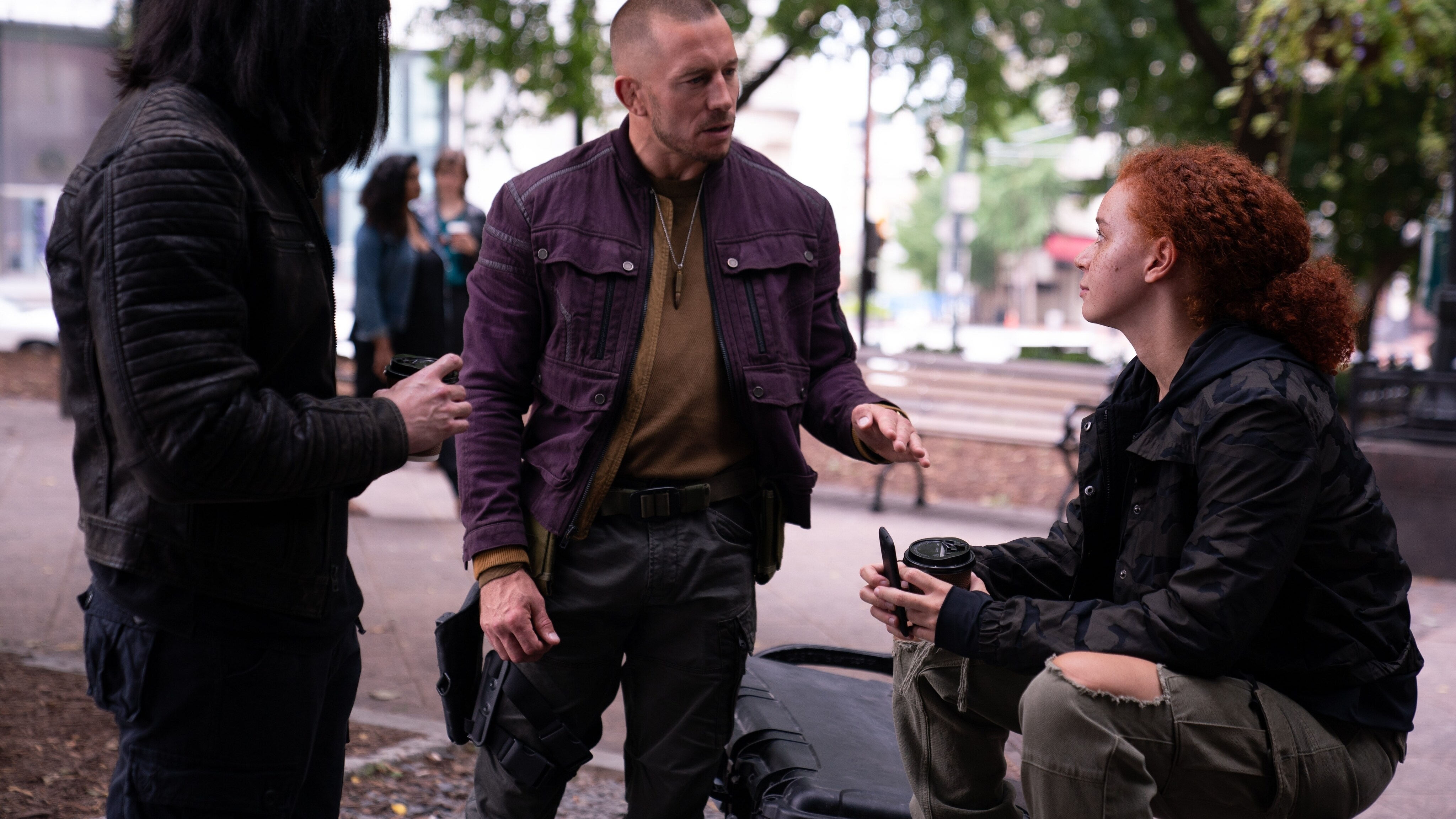 (L-R): Dovich (Desmond Chiam), Batroc (Georges St-Pierre) and Karli Morgenthau (Erin Kellyman) in Marvel Studios' THE FALCON AND THE WINTER SOLDIER exclusively on Disney+. Photo by Eli Adé. ©Marvel Studios 2021. All Rights Reserved.