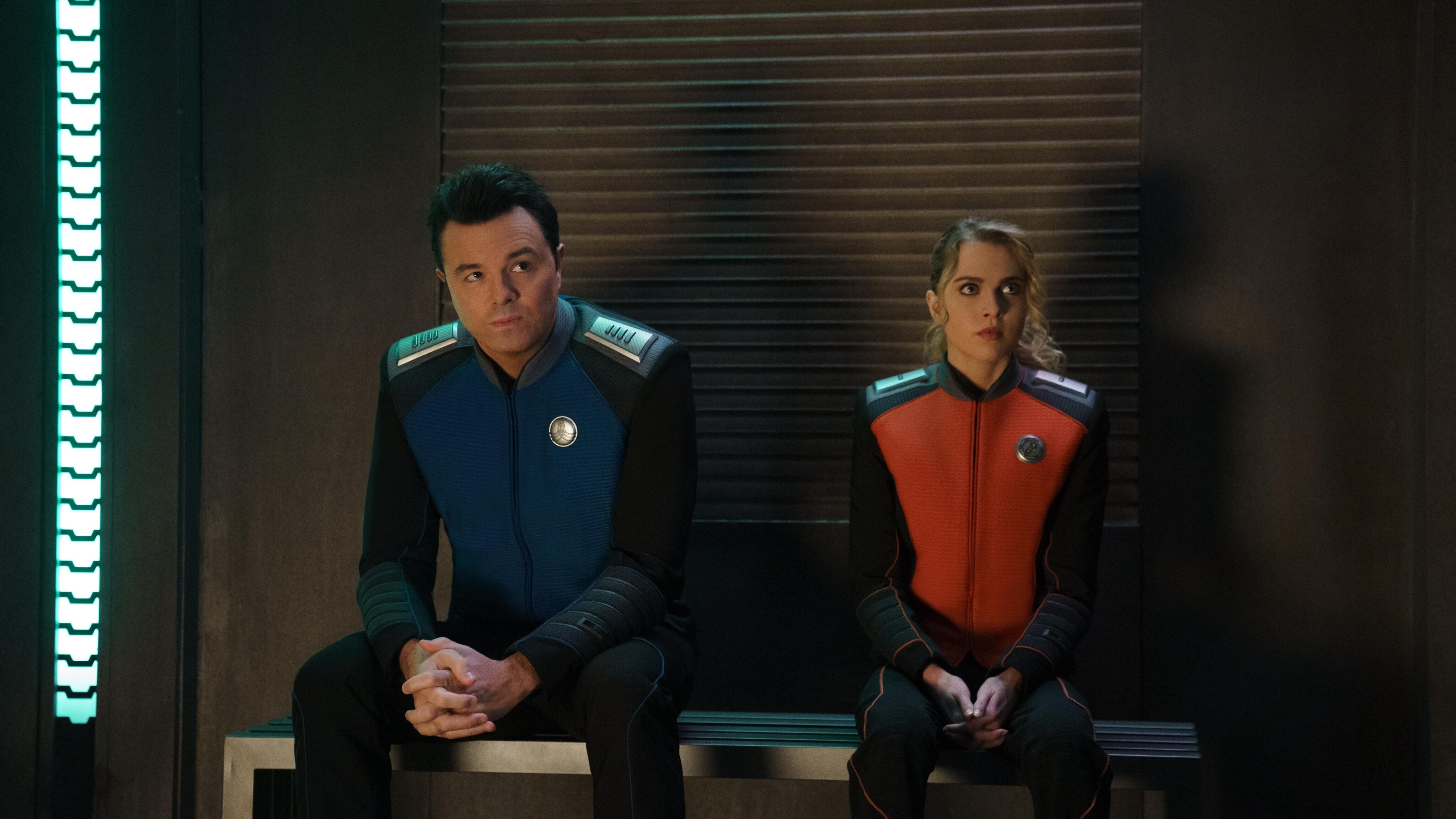 The Orville: New Horizons -- “Gently Falling Rain” - Episode 304 -- The Orville crew leads a Union delegation to sign a peace treaty with the Krill. Capt. Ed Mercer (Seth MacFarlane) and Charly Burke (Anne Winters), shown. (Photo by: Michael Desmond/Hulu)