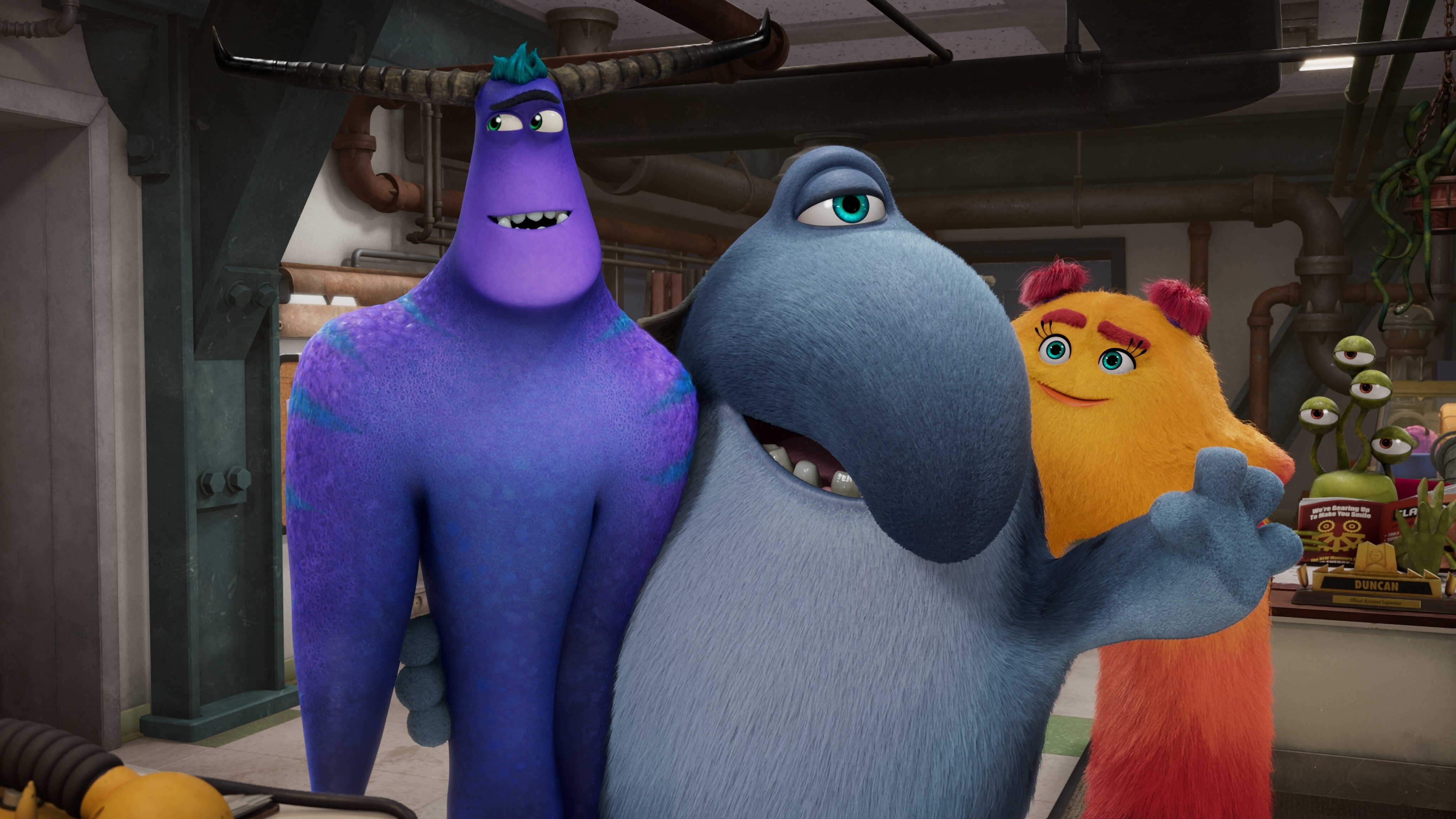 MONSTERS AT WORK - "Welcome to Monsters, Incorporated" - When Tylor Tuskmon arrives at Monsters Incorporated to begin his dream job as a Scarer, he discovers that scaring is out and laughter is in. As a result he is temporarily reassigned to MIFT, the Monsters Incorporated Facilities Team. (Disney) TYLOR, FRITZ, VAL