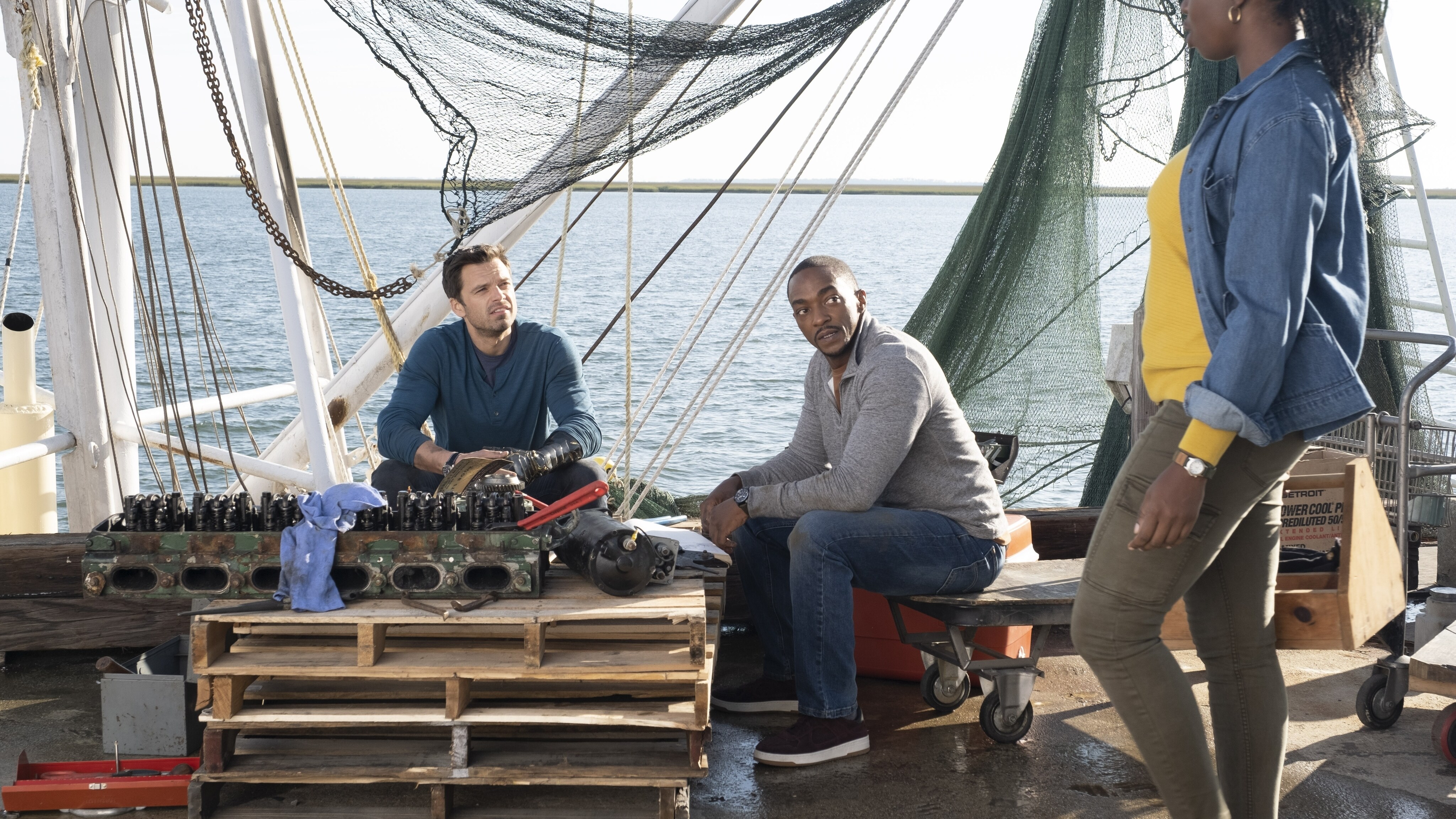 (L-R): Winter Soldier/Bucky Barnes (Sebastian Stan), Falcon/Sam Wilson (Anthony Mackie) and Sarah Wilson (Adepero Oduye) in Marvel Studios' THE FALCON AND THE WINTER SOLDIER exclusively on Disney+. Photo by Chuck Zlotnick. ©Marvel Studios 2021. All Rights Reserved.