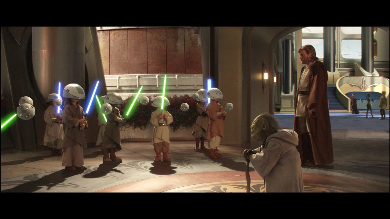 Obi-Wan interrupts Yoda as he teaches a class of students to ask the Master's advice regarding hi...