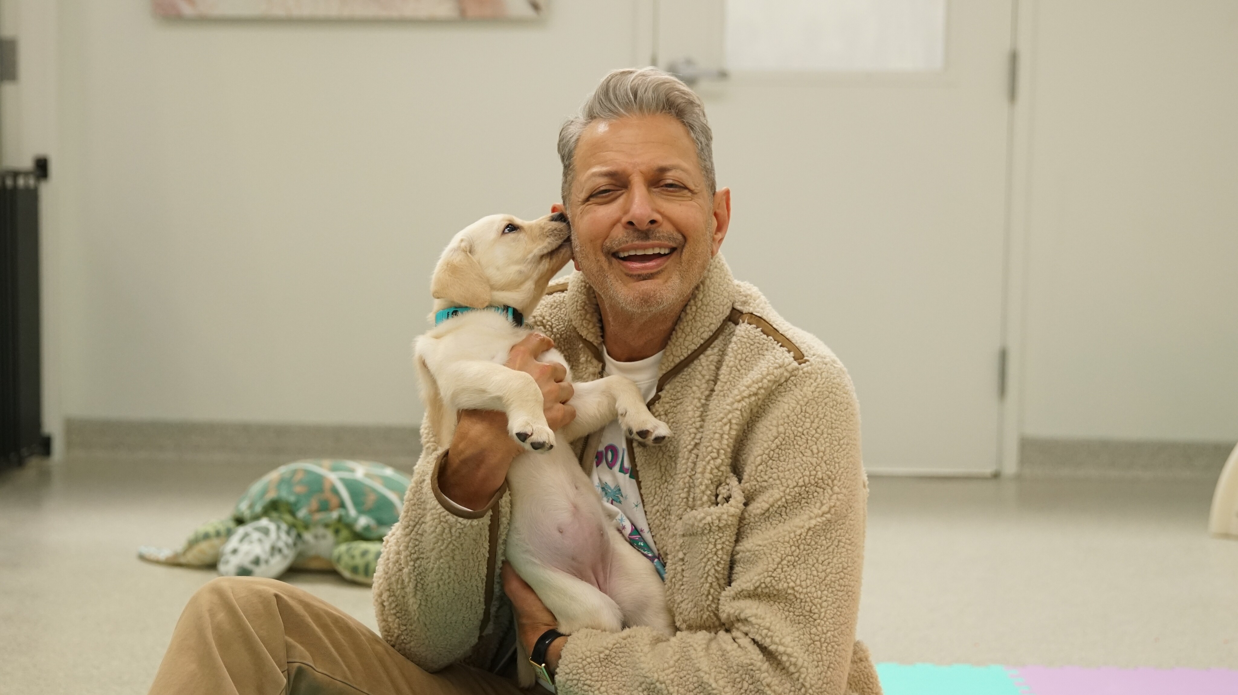 Santa Rosa, CA - Jeff Goldblum holds a puppy at Canine Companions. (Credit: National Geographic)