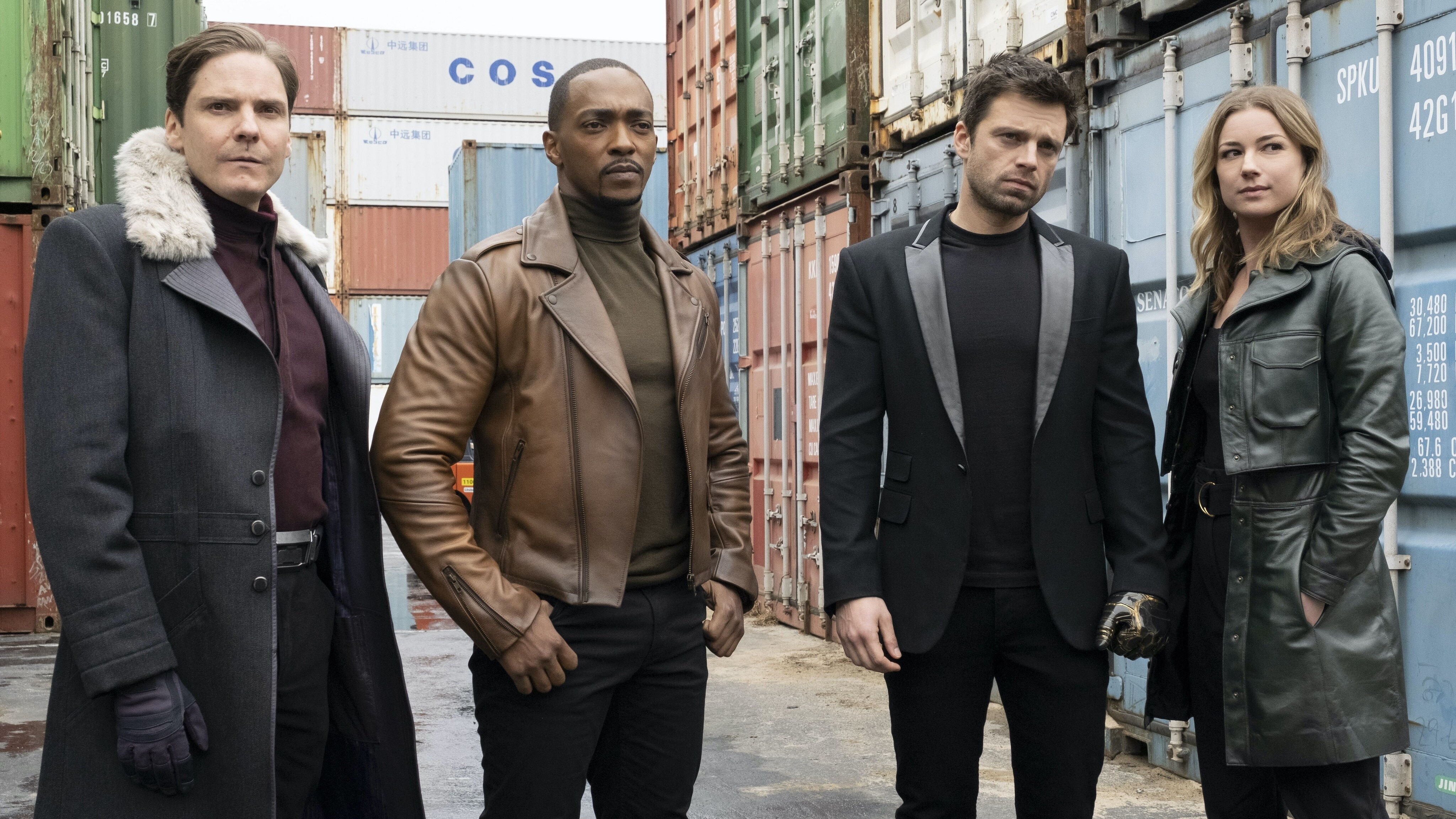 (L-R): Zemo (Daniel Brühl), Falcon/Sam Wilson (Anthony Mackie), Winter Soldier/Bucky Barnes (Sebastian Stan) and Sharon Carter/Agent 13 (Emily VanCamp) in Marvel Studios' THE FALCON AND THE WINTER SOLDIER exclusively on Disney+. Photo by Chuck Zlotnick. ©Marvel Studios 2021. All Rights Reserved.