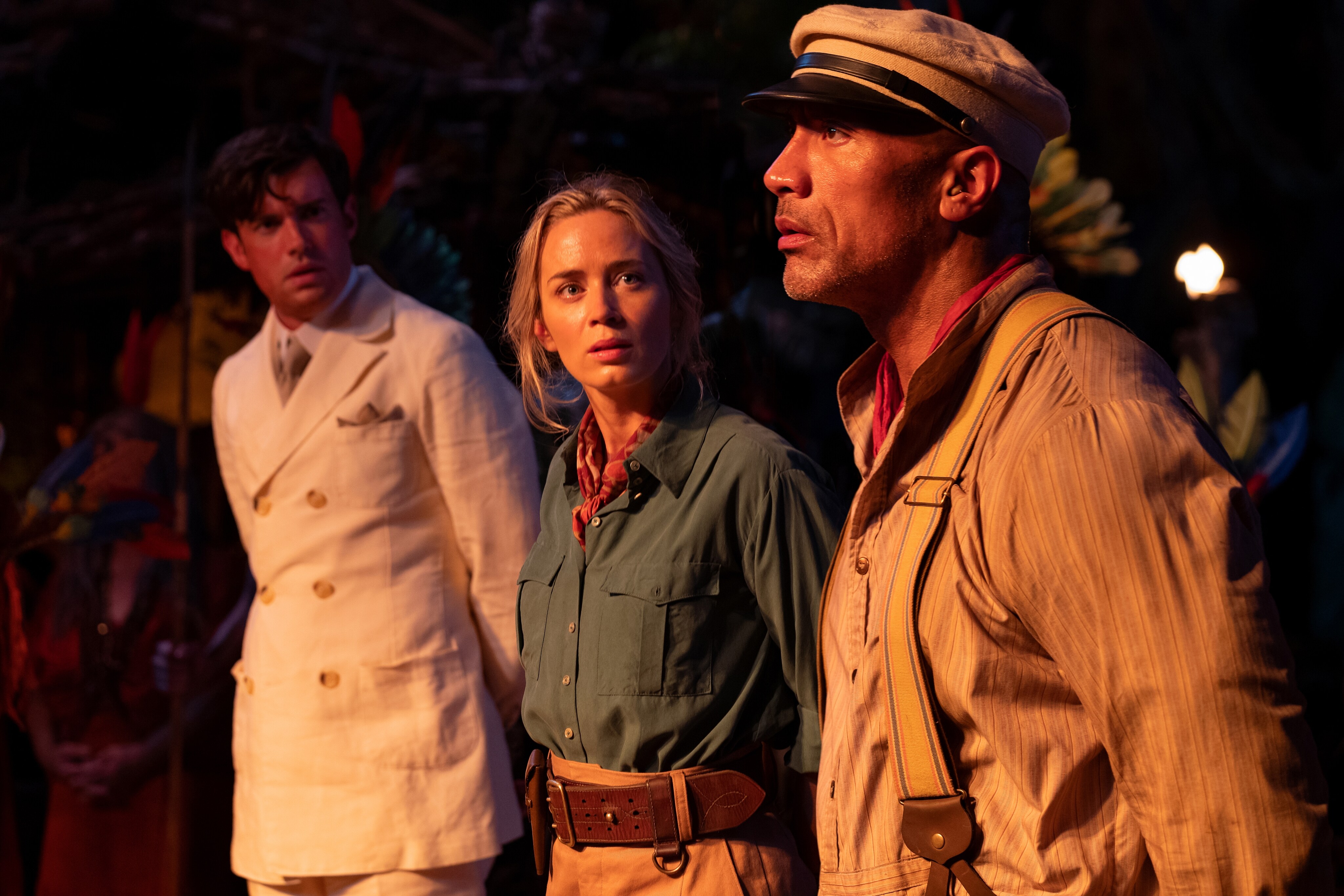 Disney's Jungle Cruise Film Still of Jack Whitehall, Emily Blunt, and Dwayne Johnson filming a scene