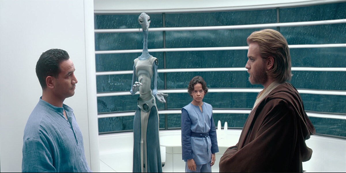 Jango Fett meeting Obi-Wan Kenobi on Kamino as Lama Su and Boba Fett observe