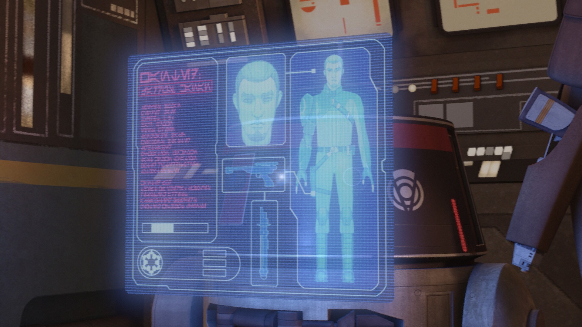 The holographic file on Kanan Jarrus lists his vital statistics and his crimes against the Empire...