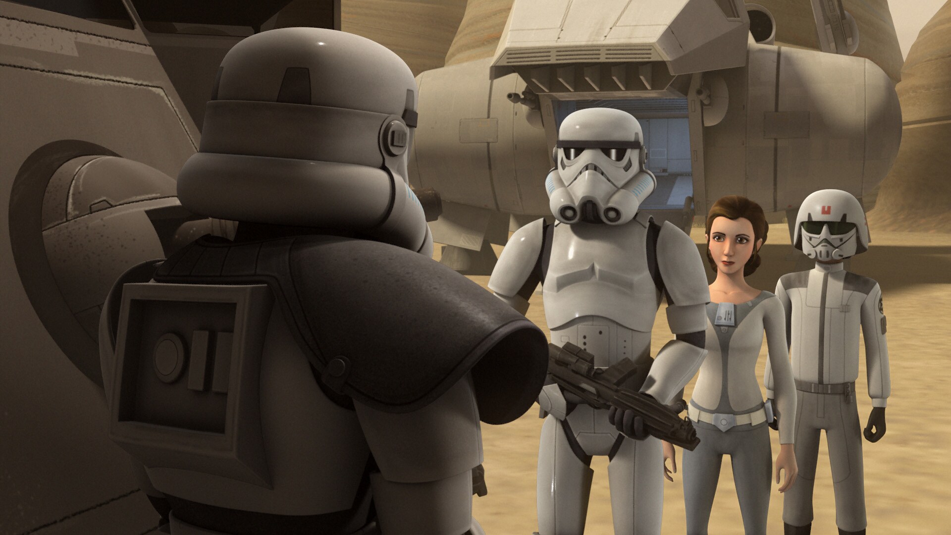 The trio lands, but a security checkpoint stops them. The stormtroopers have Azadi in custody wit...