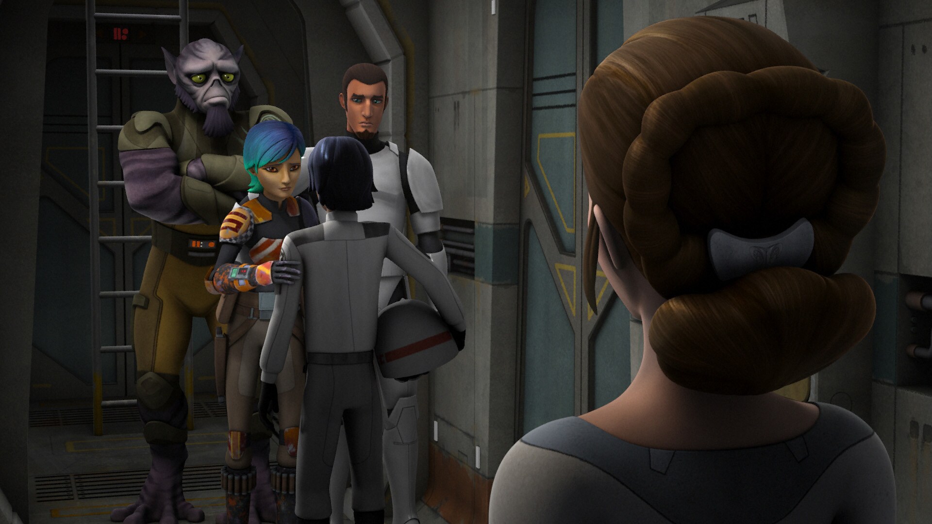 Later, Leia watches as the team comforts Ezra. "Maybe he could use a friend," Kanan tells her.