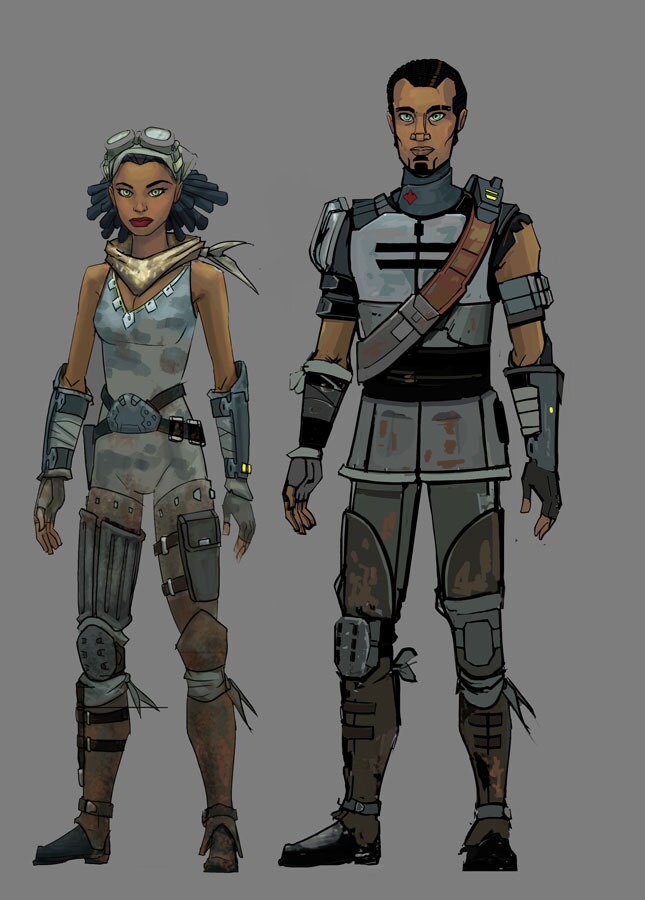 Steela and Saw Gerrera character design hero view illustrations by Wayne Lo and Tara Rueping.