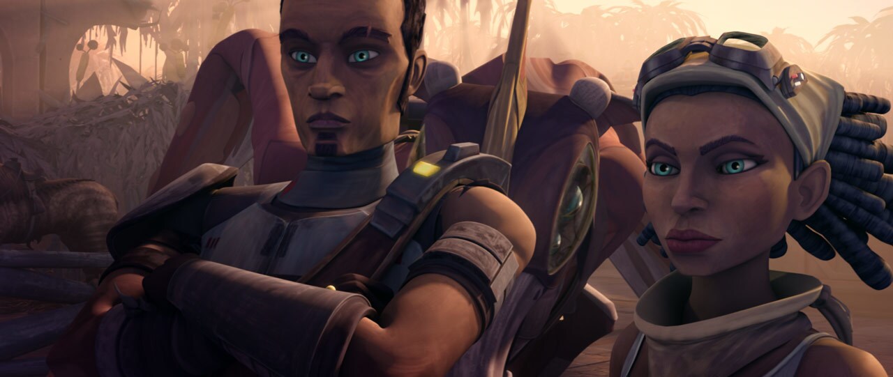The rebel base is situated amid old ruins crawling with vines. The ragtag force consists of sparsely armored troopers using Onderonian beasts for transport. A winged ruping lands in the piazza, and the rebel leader, Saw Gerrera, dismounts to greet the Jedi. He is eager to take the fight to the droids.